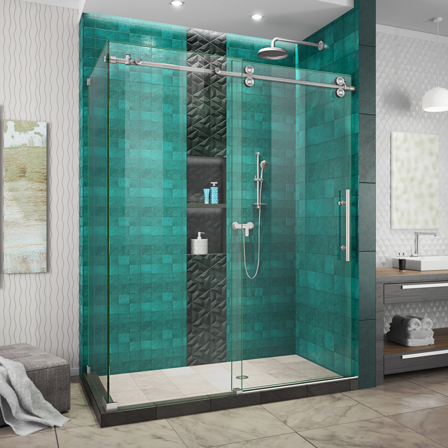 DreamLine Enigma-XO 34 1/2 in. D x 50-54 in. W x 76 in. H Frameless Shower Enclosure in Brushed Stainless Steel