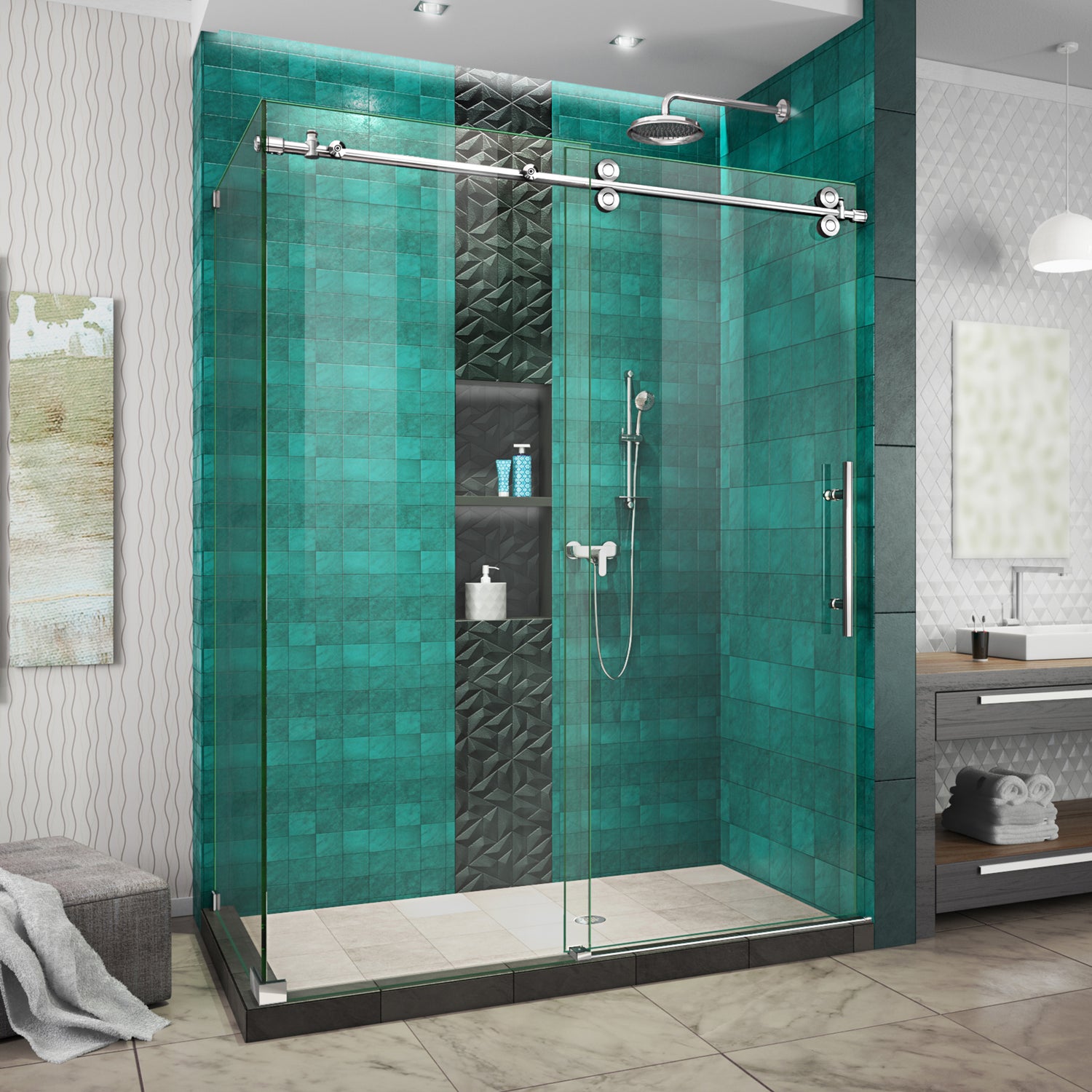 DreamLine Enigma-XO 34 1/2 in. D x 50-54 in. W x 76 in. H Frameless Shower Enclosure in Polished Stainless Steel