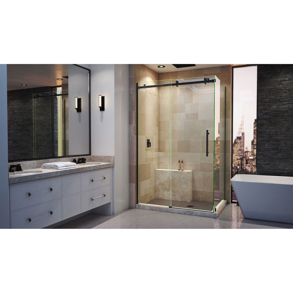 DreamLine Enigma Air 34 3/4 in. D x 48 3/8 in. W x 76 in. H Frameless Sliding Shower Enclosure in Satin Black