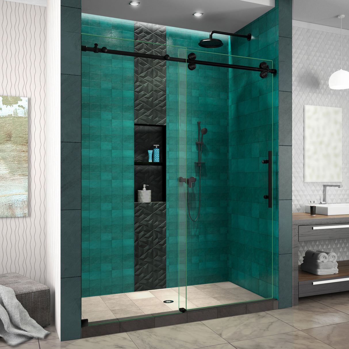 DreamLine Enigma-XO 56-60 in. W x 76 in. H Frameless Clear Glass Sliding Shower Door in Satin Black Stainless Steel