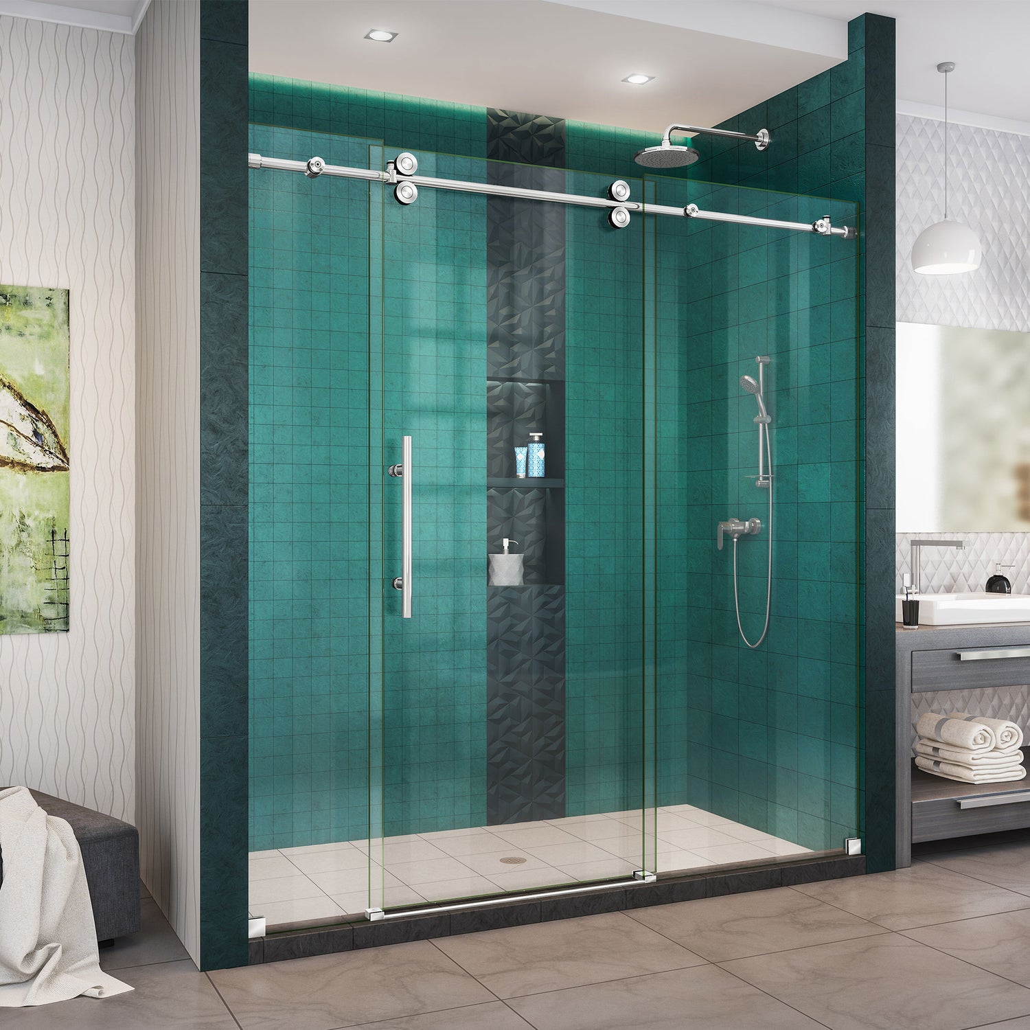 DreamLine Enigma-XO 68-72 in. W x 76 in. H Fully Frameless Sliding Shower Door in Polished Stainless Steel