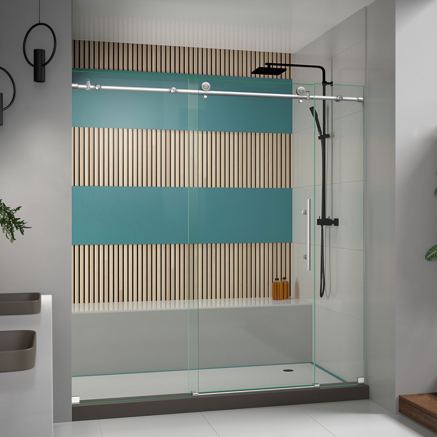 DreamLine Enigma-X 68-72 in. W x 76 in. H Clear Sliding Shower Door in Brushed Stainless Steel