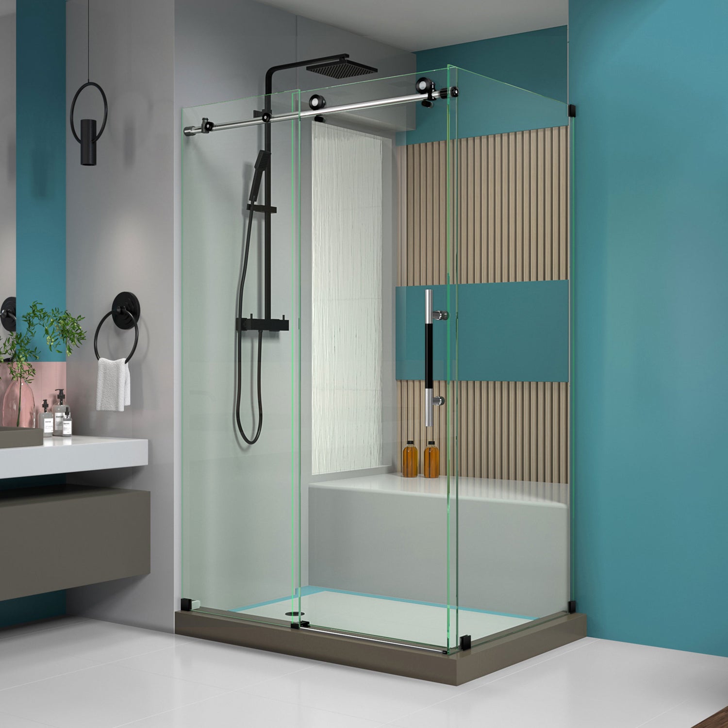 DreamLine Enigma-XT 34 1/2 in. D x 48 3/8 in. W x 76 in. H Fully Frameless Sliding Shower Enclosure in Tuxedo Finish
