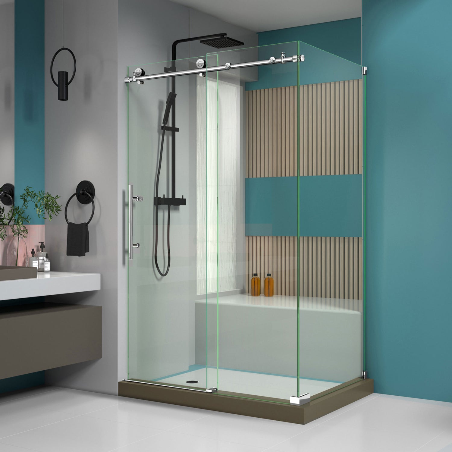 DreamLine Enigma-X 34 1/2 in. D x 48 3/8 in. W x 76 in. H Clear Sliding Shower Enclosure in Polished Stainless Steel