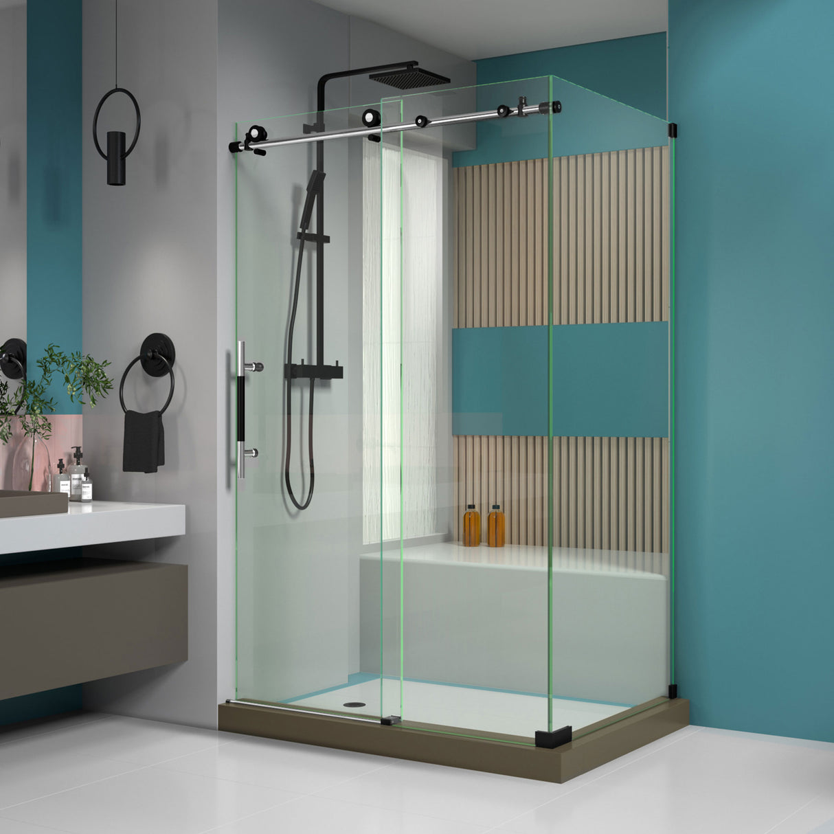 DreamLine Enigma-XT 34 1/2 in. D x 48 3/8 in. W x 76 in. H Fully Frameless Sliding Shower Enclosure in Tuxedo Finish