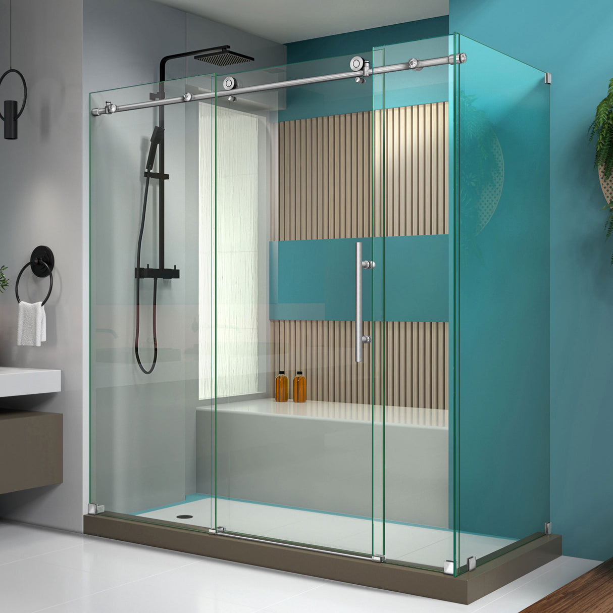 DreamLine Enigma-X 32 1/2 in. D x 72 3/8 in. W x 76 in. H Clear Sliding Shower Enclosure in Brushed Stainless Steel