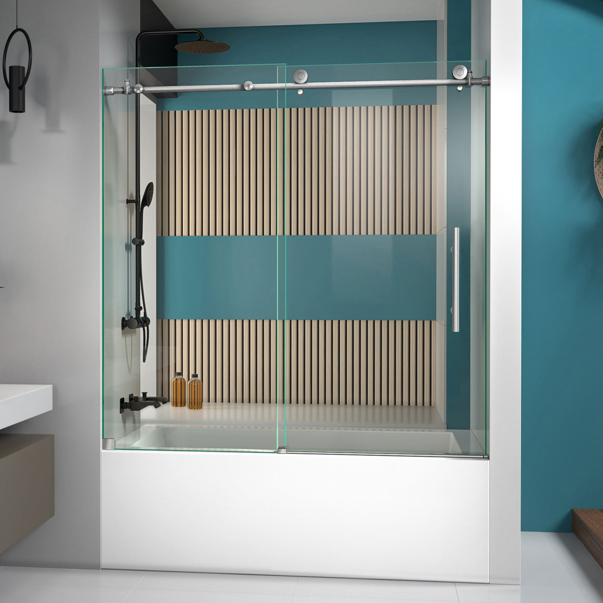 DreamLine Enigma-X 55-59 in. W x 62 in. H Clear Sliding Tub Door in Brushed Stainless Steel