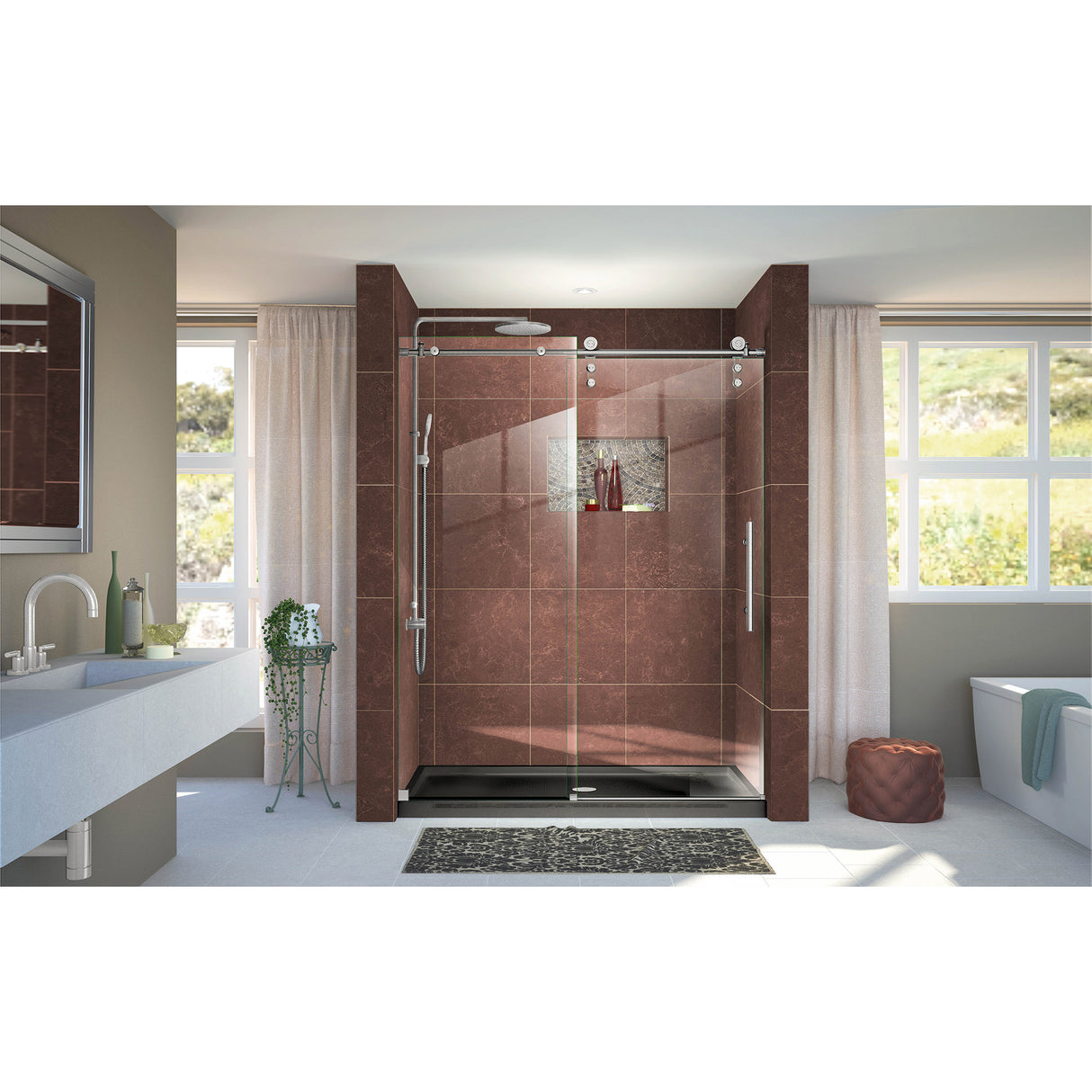 DreamLine Enigma-Z 56-60 in. W x 76 in. H Fully Frameless Sliding Shower Door in Brushed Stainless Steel