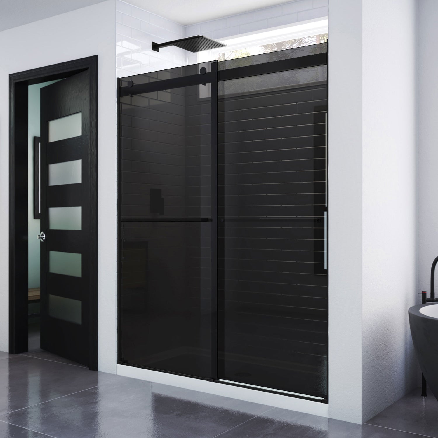 DreamLine Essence 56-60 in. W x 76 in. H Frameless Smoke Gray Glass Bypass Shower Door in Satin Black