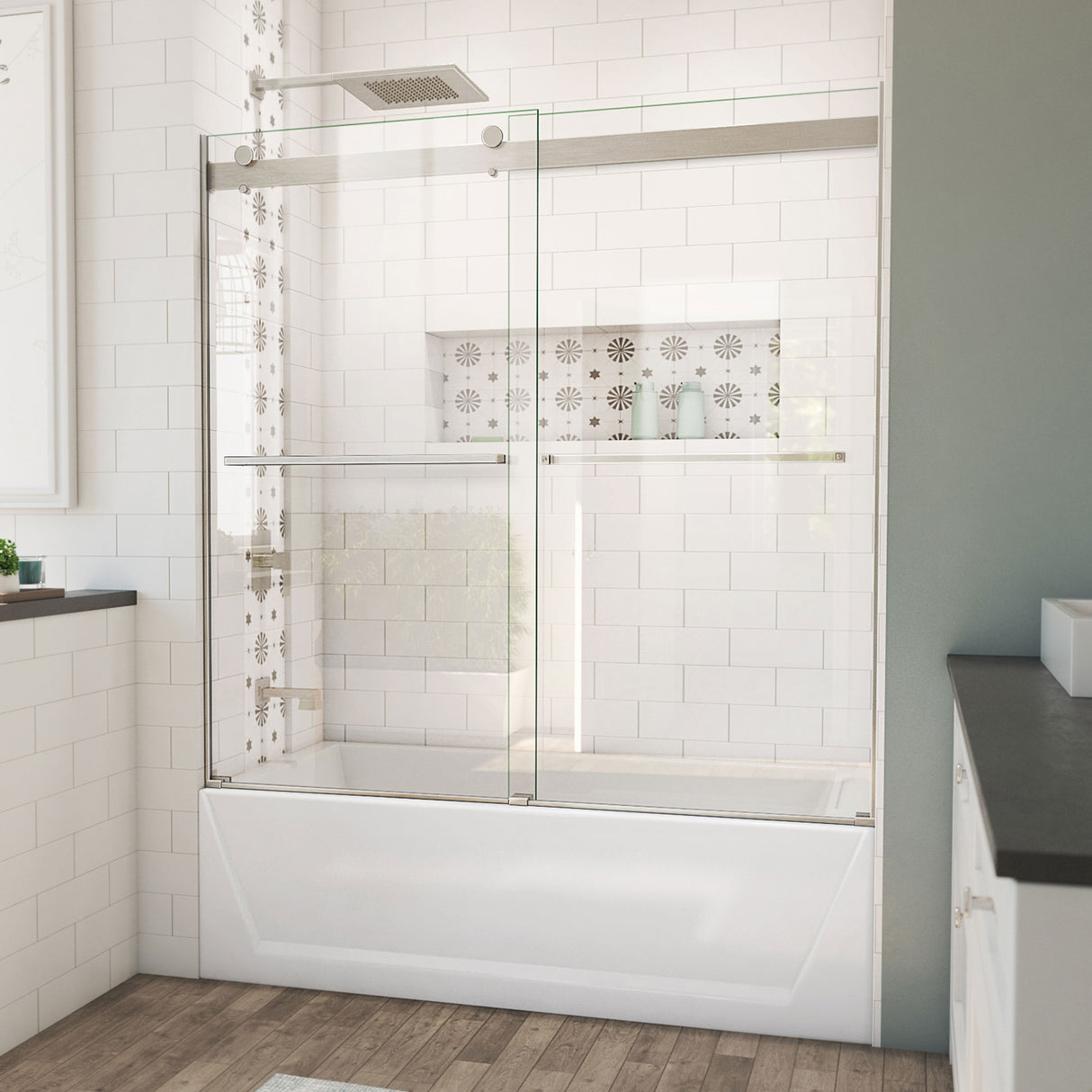 DreamLine Essence 56-60 in. W x 60 in. H Frameless Bypass Tub Door in Brushed Nickel