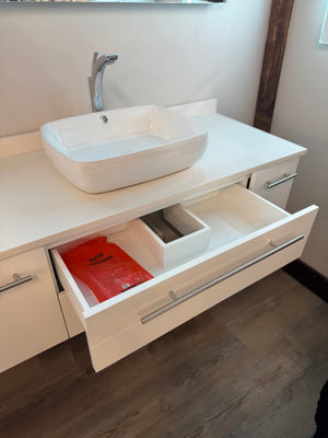 48" Floating White Vanity Set with Quartz Top, Ceramic Vessel Sink, and Chrome Faucet