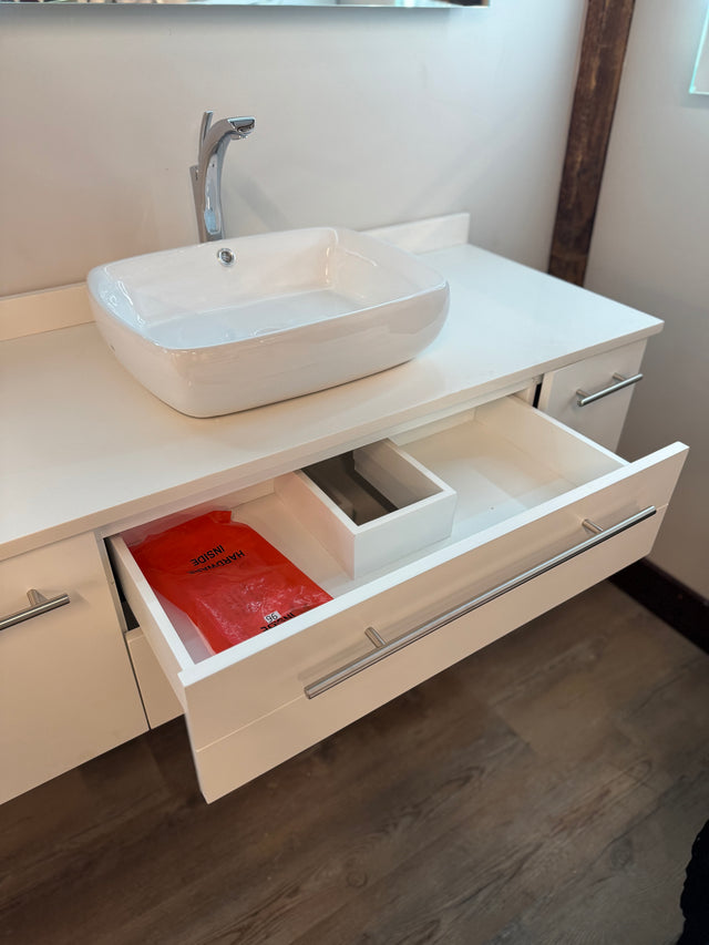 48" Floating White Vanity Set with Quartz Top, Ceramic Vessel Sink, and Chrome Vessel Faucet