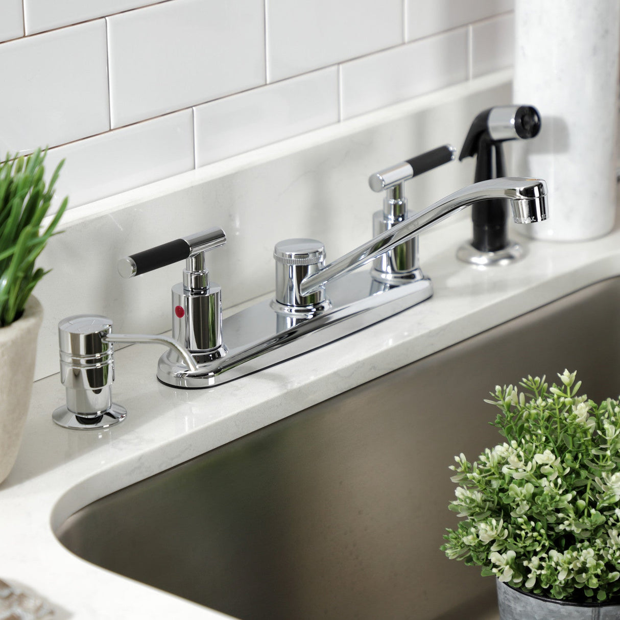 Kaiser FB112CKL Two-Handle 4-Hole Deck Mount 8" Centerset Kitchen Faucet with Side Sprayer, Polished Chrome