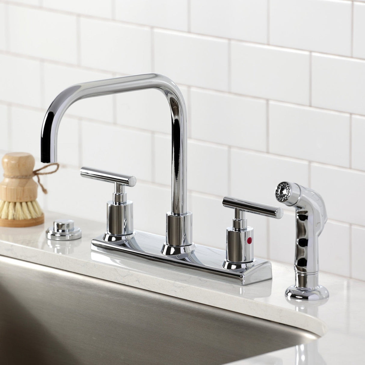 Manhattan FB2141CML Two-Handle 2-Hole Deck Mount 8" Centerset Kitchen Faucet, Polished Chrome