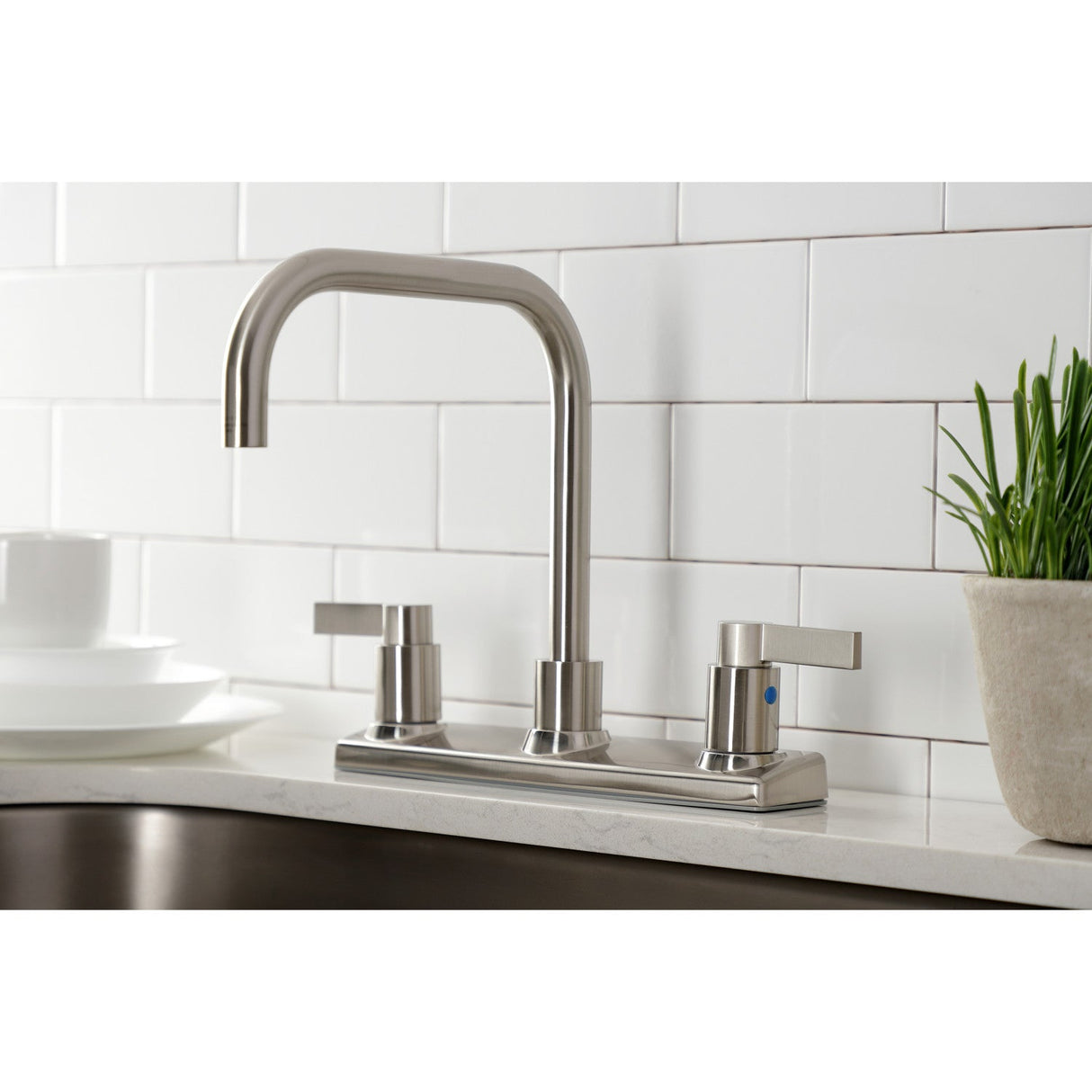 NuvoFusion FB2148NDL Two-Handle 2-Hole Deck Mount 8" Centerset Kitchen Faucet, Brushed Nickel