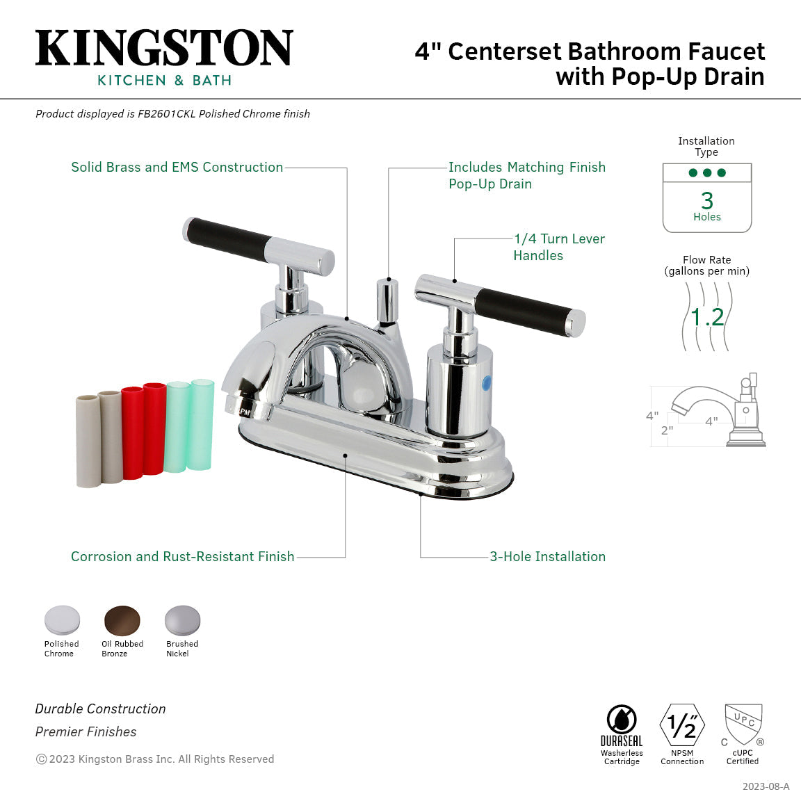 Kaiser FB2608CKL Two-Handle 3-Hole Deck Mount 4" Centerset Bathroom Faucet with Plastic Pop-Up, Brushed Nickel