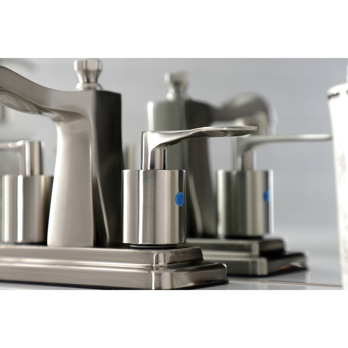 Serena FB4648SVL Two-Handle 3-Hole Deck Mount 4" Centerset Bathroom Faucet with Plastic Pop-Up, Brushed Nickel