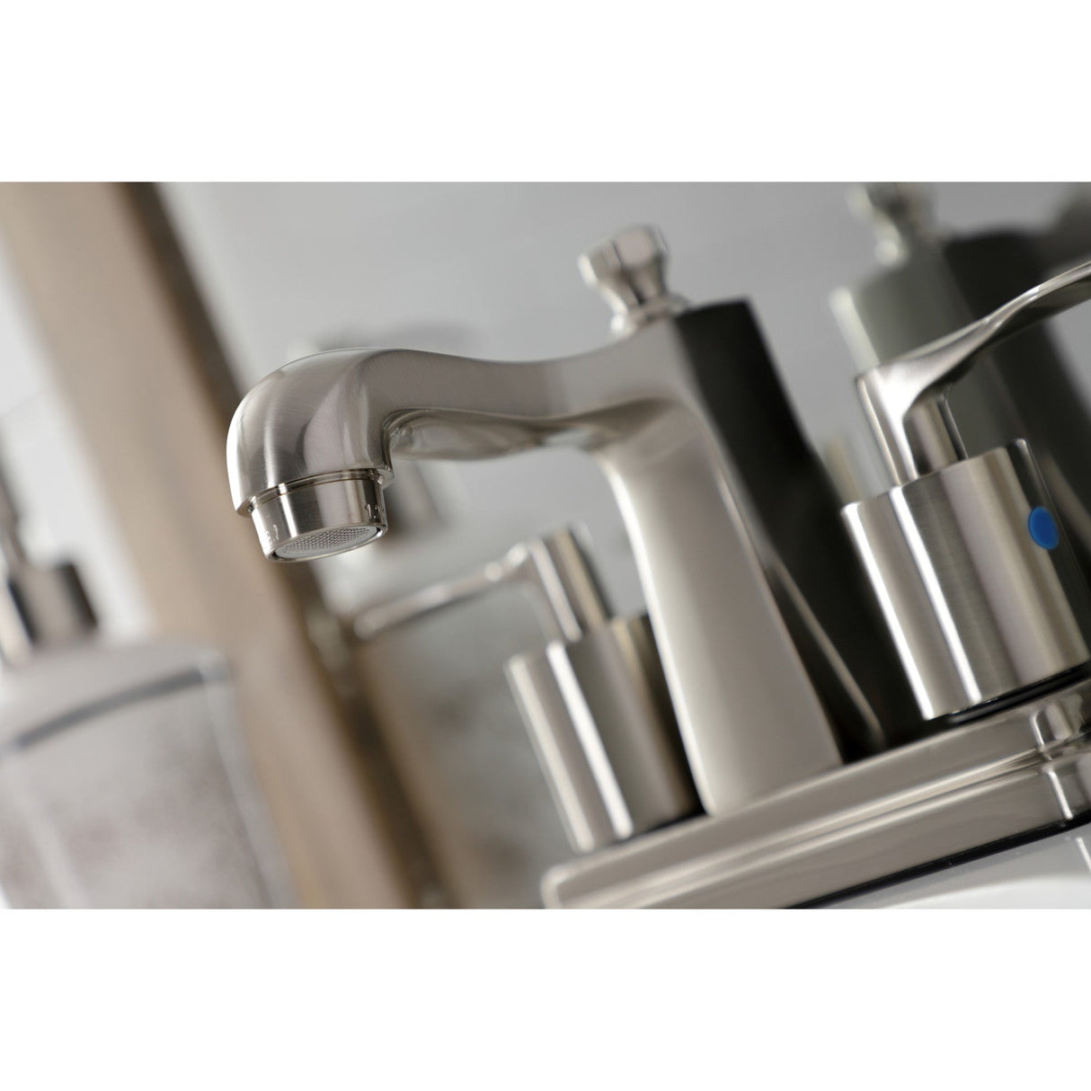 Serena FB4648SVL Two-Handle 3-Hole Deck Mount 4" Centerset Bathroom Faucet with Plastic Pop-Up, Brushed Nickel