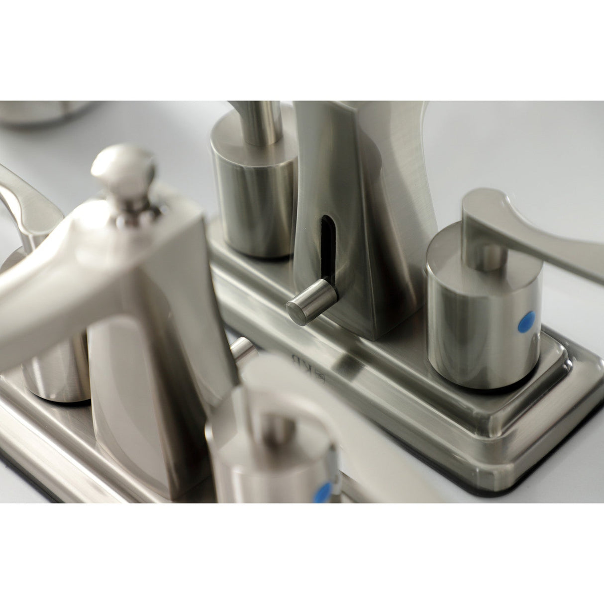 Serena FB4648SVL Two-Handle 3-Hole Deck Mount 4" Centerset Bathroom Faucet with Plastic Pop-Up, Brushed Nickel