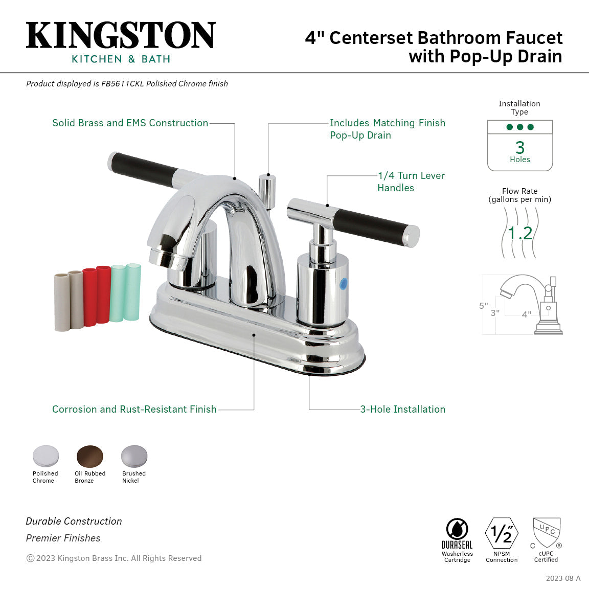 Kaiser FB5611CKL Two-Handle 3-Hole Deck Mount 4" Centerset Bathroom Faucet with Plastic Pop-Up, Polished Chrome