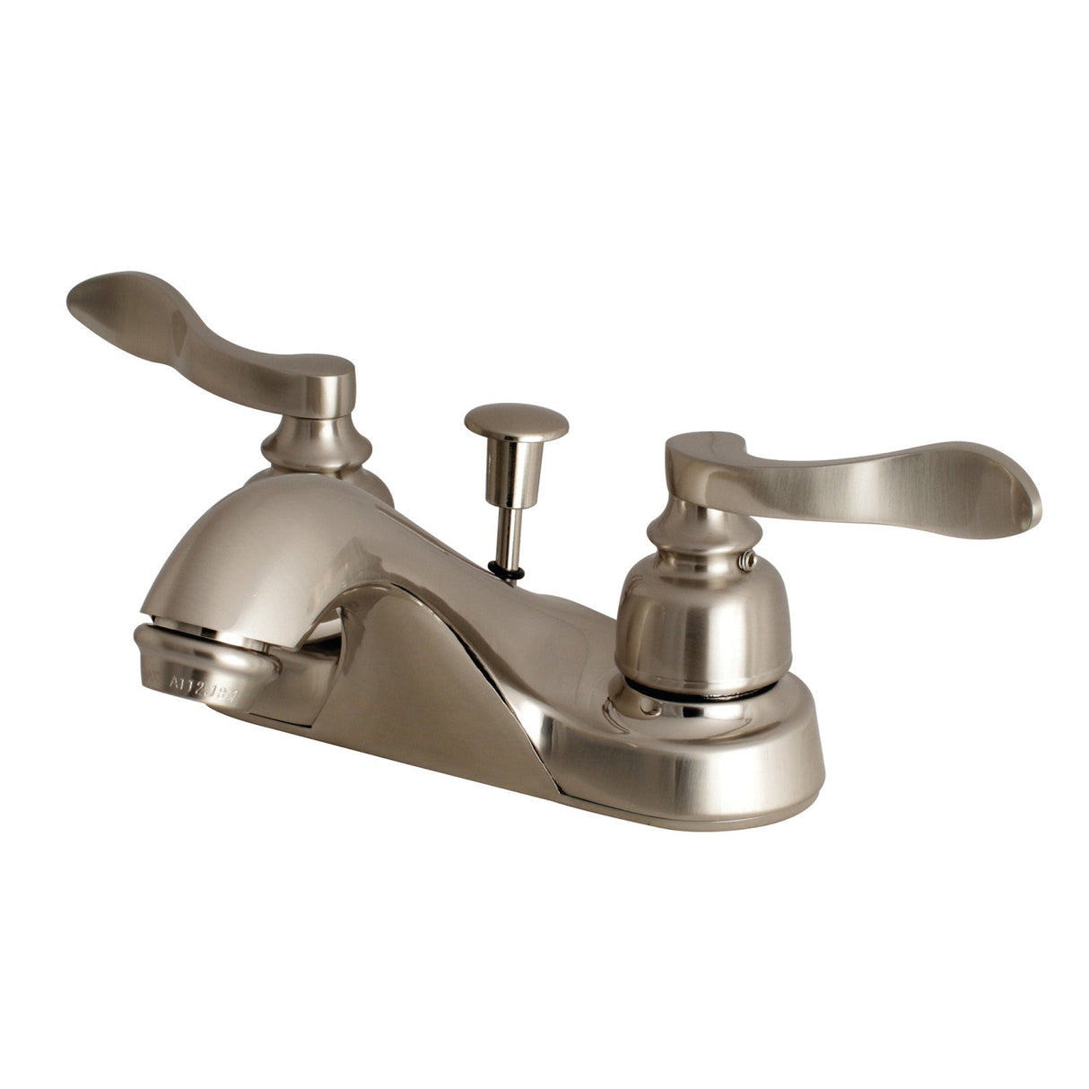 NuWave French FB5628NFL Two-Handle 3-Hole Deck Mount 4" Centerset Bathroom Faucet with Plastic Pop-Up, Brushed Nickel