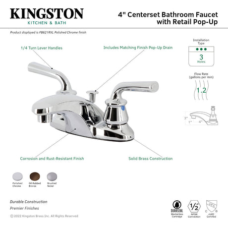 Restoration FB621RXL Two-Handle 3-Hole Deck Mount 4" Centerset Bathroom Faucet with Plastic Pop-Up, Polished Chrome