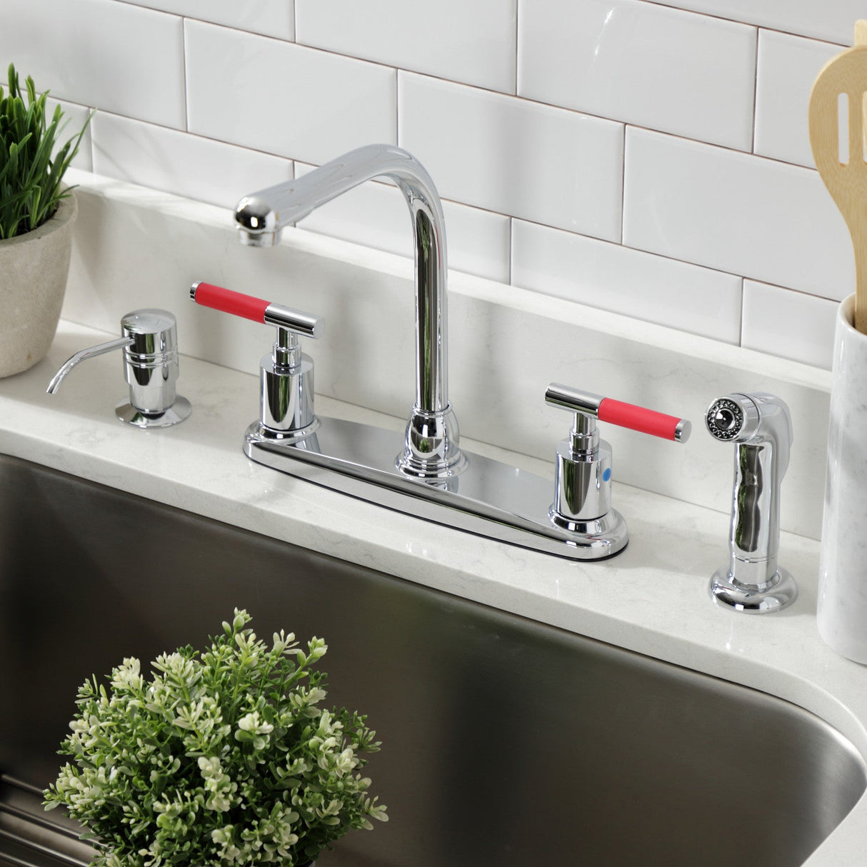 Kaiser FB751CKLSP Two-Handle 4-Hole Deck Mount 8" Centerset Kitchen Faucet with Side Sprayer, Polished Chrome