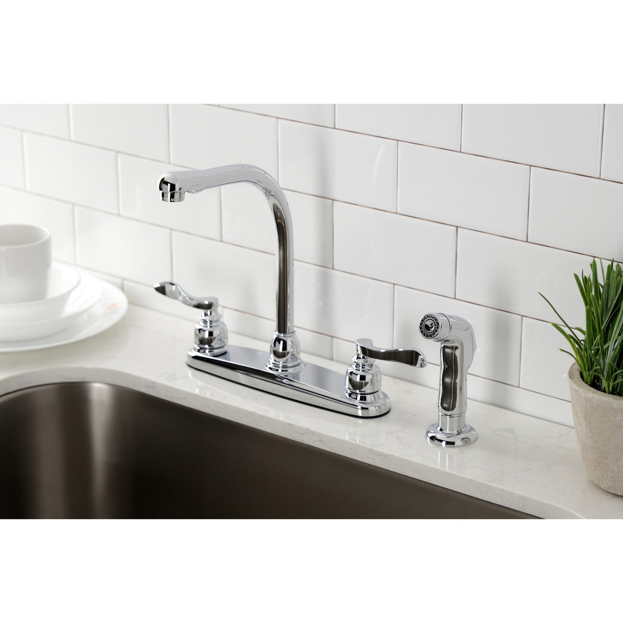 NuWave French FB751NFLSP Two-Handle 4-Hole Deck Mount 8" Centerset Kitchen Faucet with Side Sprayer, Polished Chrome