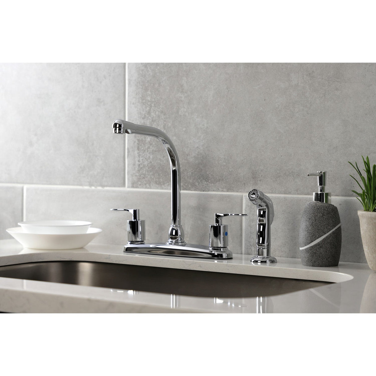 Serena FB751SVLSP Two-Handle 4-Hole Deck Mount 8" Centerset Kitchen Faucet with Side Sprayer, Polished Chrome