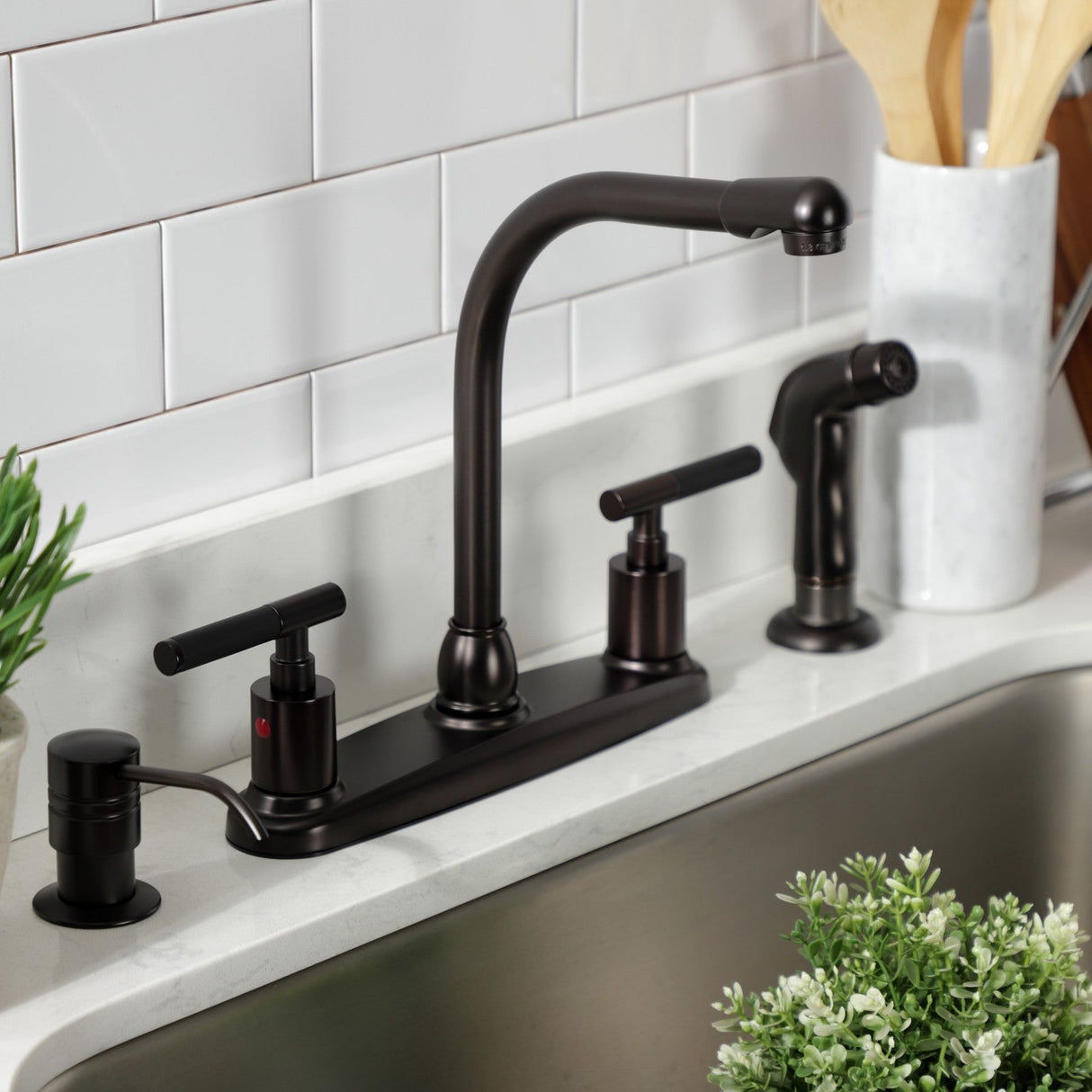 Kaiser FB755CKLSP Two-Handle 4-Hole Deck Mount 8" Centerset Kitchen Faucet with Side Sprayer, Oil Rubbed Bronze