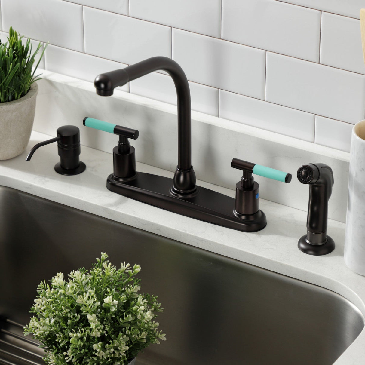 Kaiser FB755CKLSP Two-Handle 4-Hole Deck Mount 8" Centerset Kitchen Faucet with Side Sprayer, Oil Rubbed Bronze