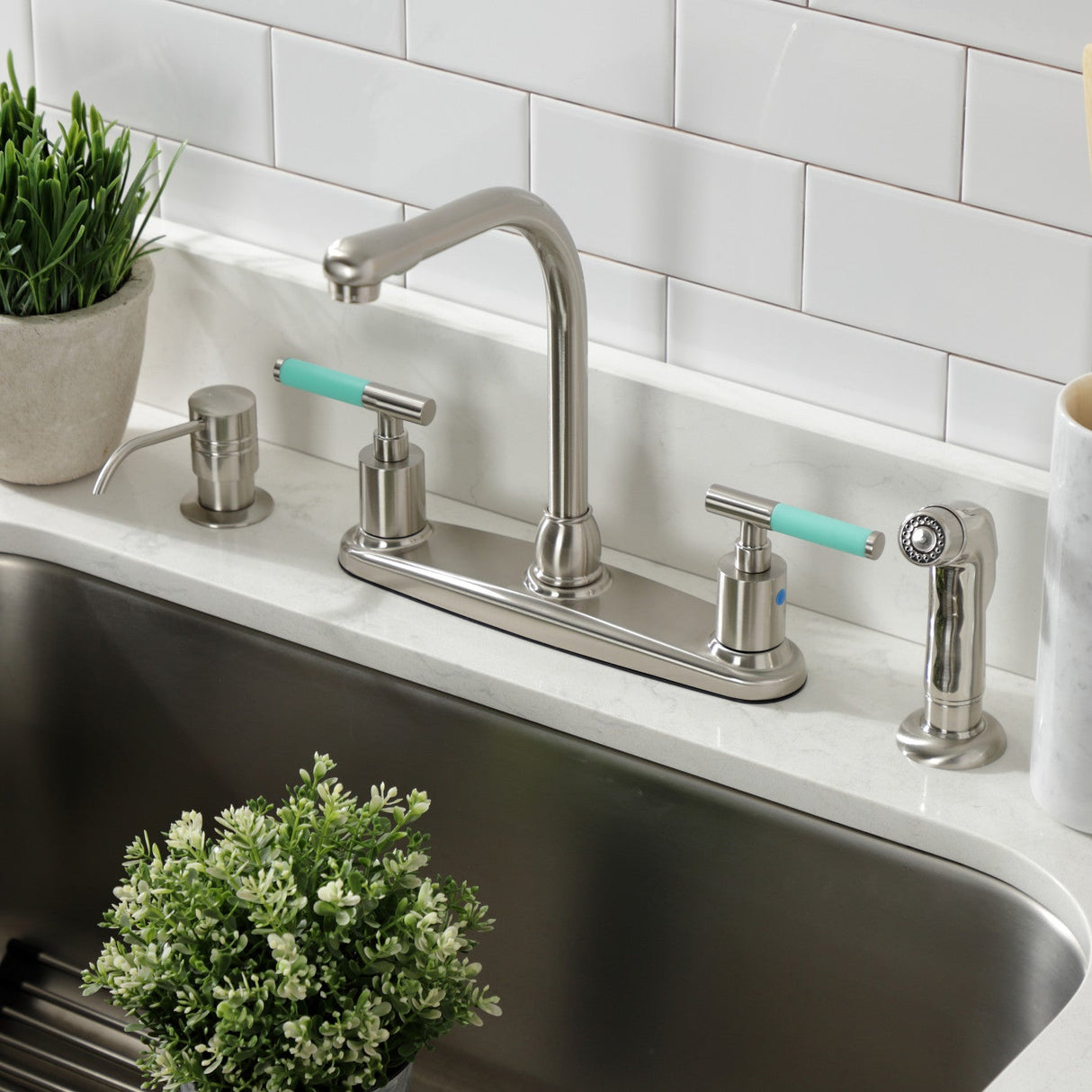 Kaiser FB758CKLSP Two-Handle 4-Hole Deck Mount 8" Centerset Kitchen Faucet with Side Sprayer, Brushed Nickel