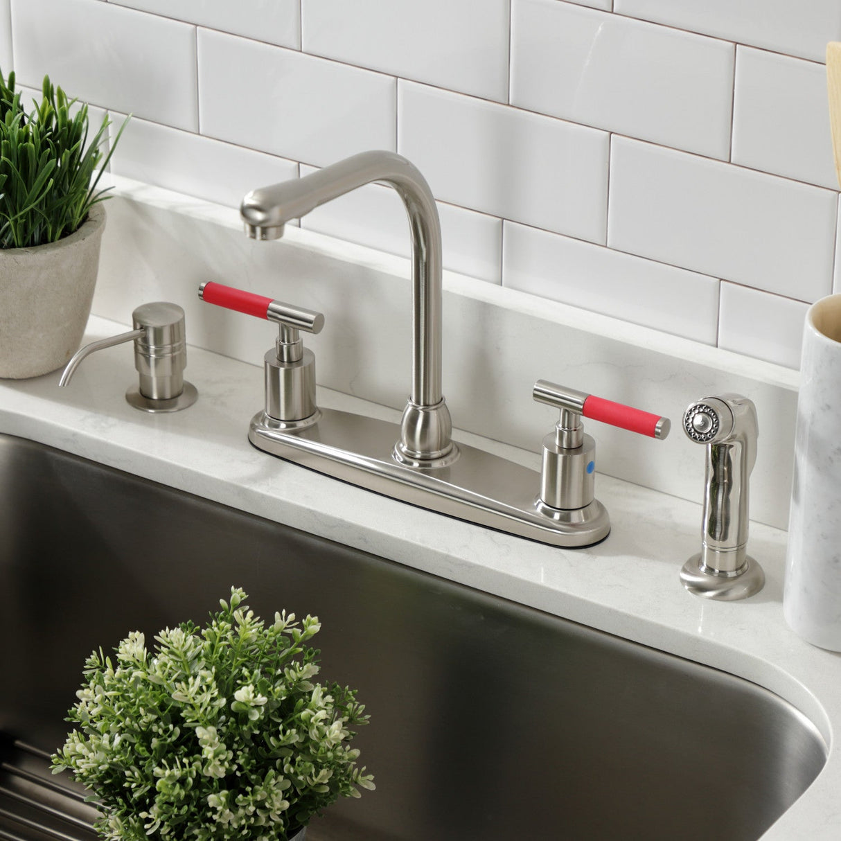 Kaiser FB758CKLSP Two-Handle 4-Hole Deck Mount 8" Centerset Kitchen Faucet with Side Sprayer, Brushed Nickel