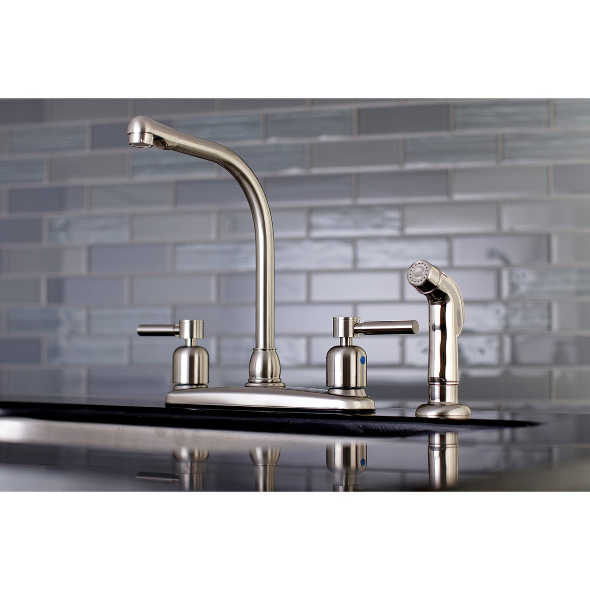 Concord FB758DLSP Two-Handle 4-Hole Deck Mount 8" Centerset Kitchen Faucet with Side Sprayer, Brushed Nickel