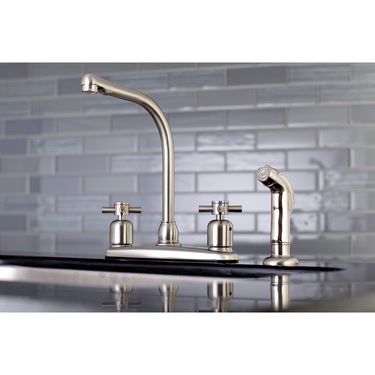 Concord FB758DXSP Two-Handle 4-Hole Deck Mount 8" Centerset Kitchen Faucet with Side Sprayer, Brushed Nickel