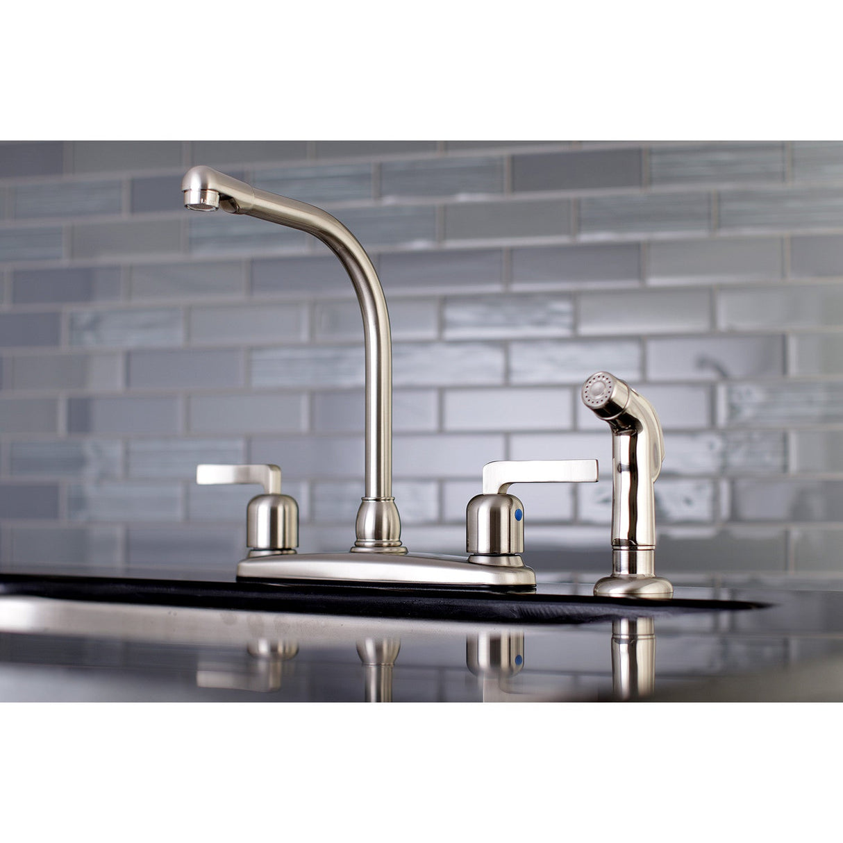 Centurion FB758EFLSP Two-Handle 4-Hole Deck Mount 8" Centerset Kitchen Faucet with Side Sprayer, Brushed Nickel