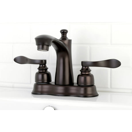 NuWave French FB7615NFL Two-Handle 3-Hole Deck Mount 4" Centerset Bathroom Faucet with Plastic Pop-Up, Oil Rubbed Bronze