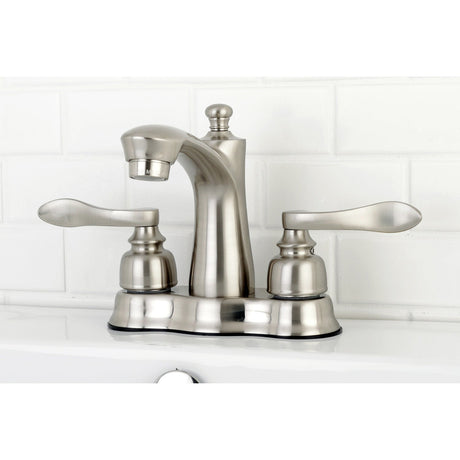 NuWave French FB7618NFL Two-Handle 3-Hole Deck Mount 4" Centerset Bathroom Faucet with Plastic Pop-Up, Brushed Nickel