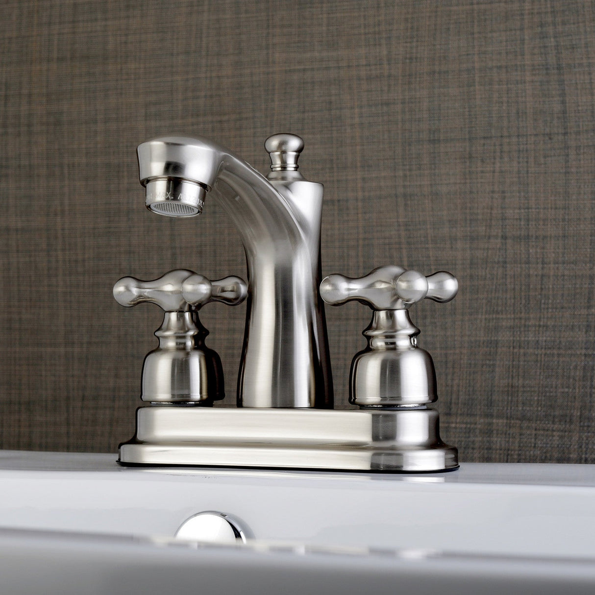 Victorian FB7628AX Two-Handle 3-Hole Deck Mount 4" Centerset Bathroom Faucet with Plastic Pop-Up, Brushed Nickel