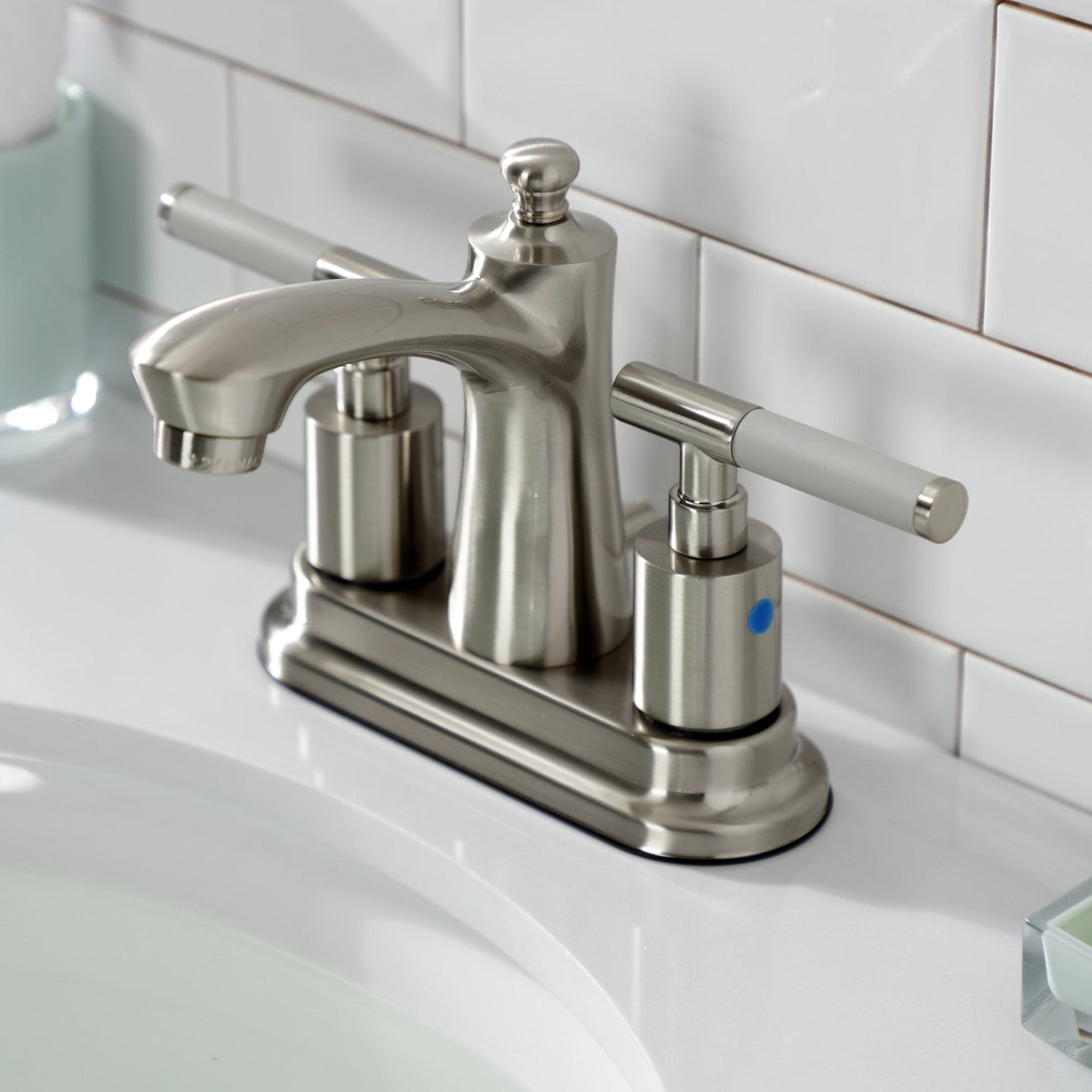 Kaiser FB7628CKL Two-Handle 3-Hole Deck Mount 4" Centerset Bathroom Faucet with Plastic Pop-Up, Brushed Nickel