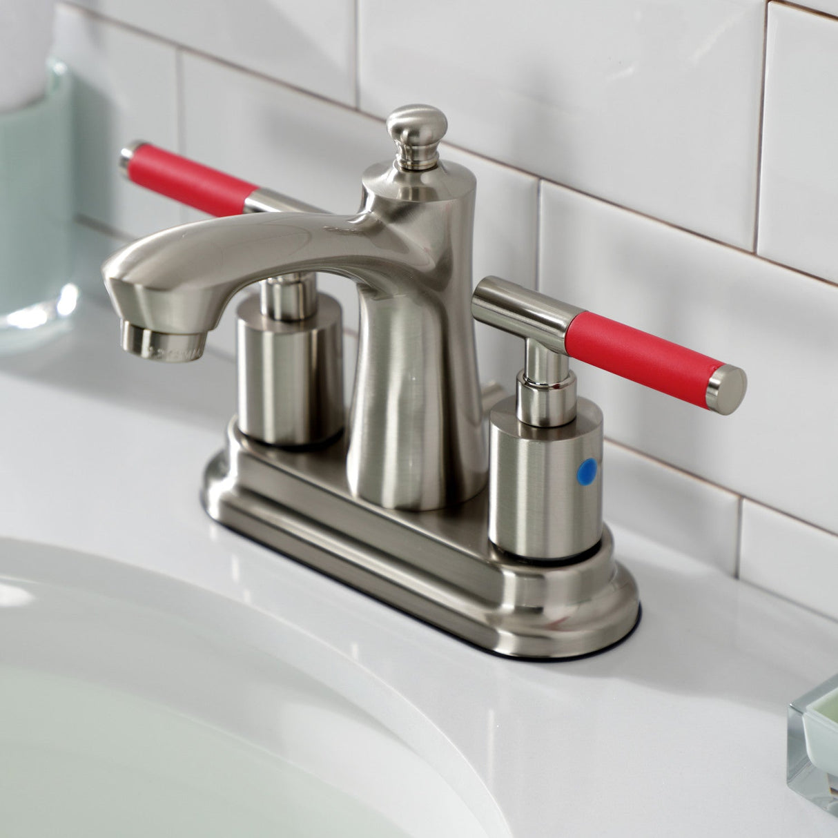 Kaiser FB7628CKL Two-Handle 3-Hole Deck Mount 4" Centerset Bathroom Faucet with Plastic Pop-Up, Brushed Nickel