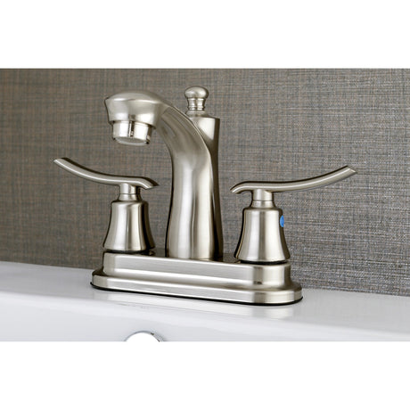 Jamestown FB7628JL Two-Handle 3-Hole Deck Mount 4" Centerset Bathroom Faucet with Plastic Pop-Up, Brushed Nickel