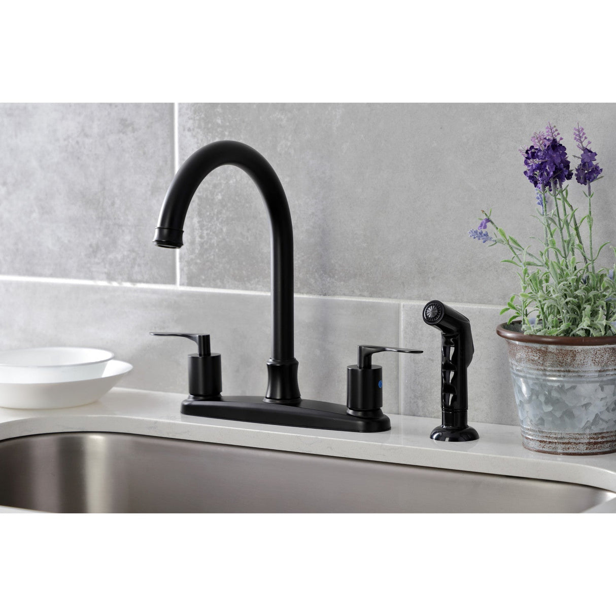 Serena FB7790SVLSP Two-Handle 4-Hole Deck Mount 8" Centerset Kitchen Faucet with Side Sprayer, Matte Black