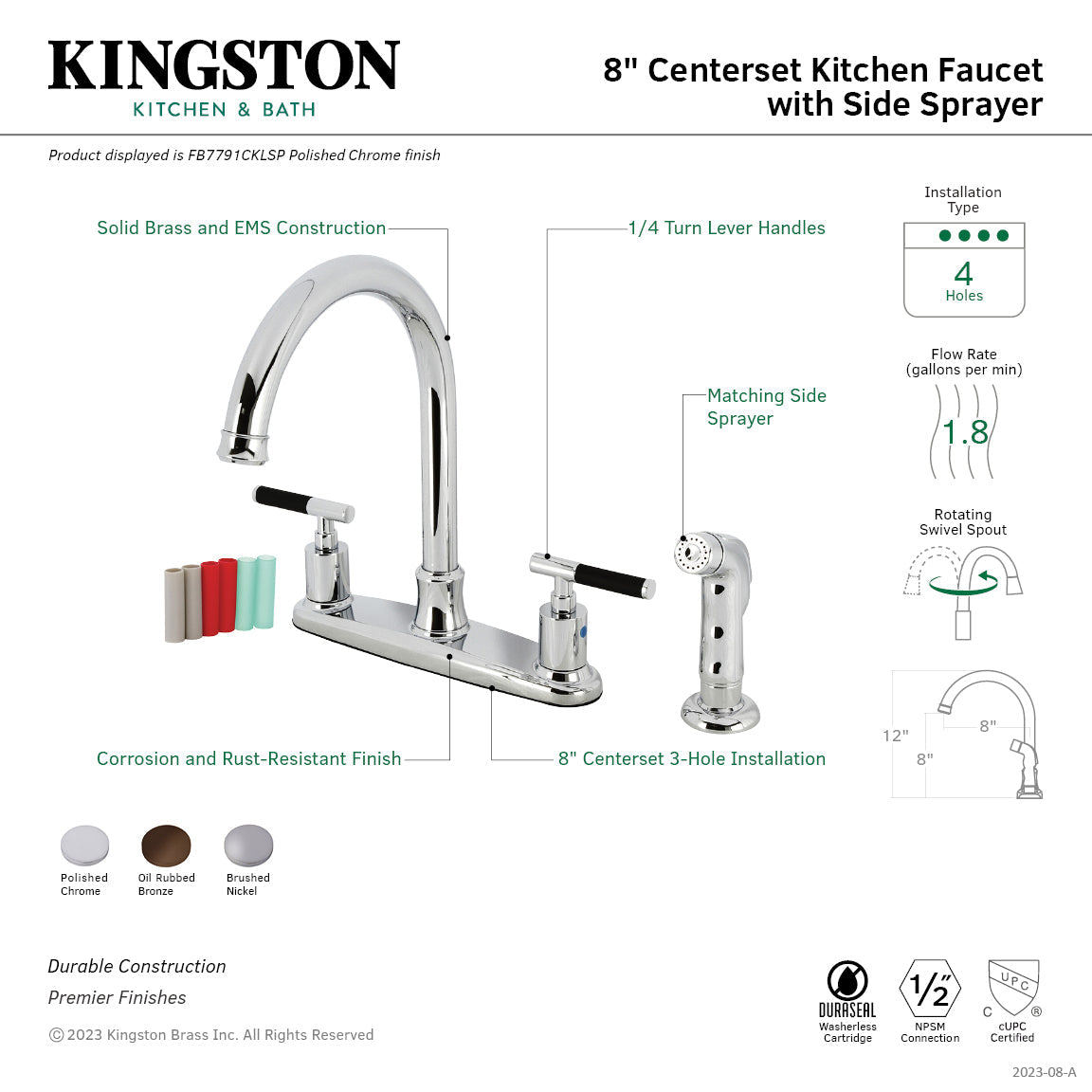 Kaiser FB7791CKLSP Two-Handle 4-Hole Deck Mount 8" Centerset Kitchen Faucet with Side Sprayer, Polished Chrome
