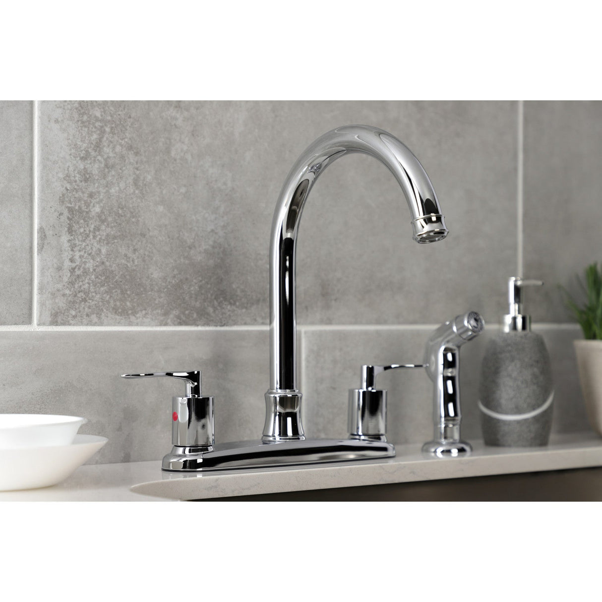 Serena FB7791SVLSP Two-Handle 4-Hole Deck Mount 8" Centerset Kitchen Faucet with Side Sprayer, Polished Chrome