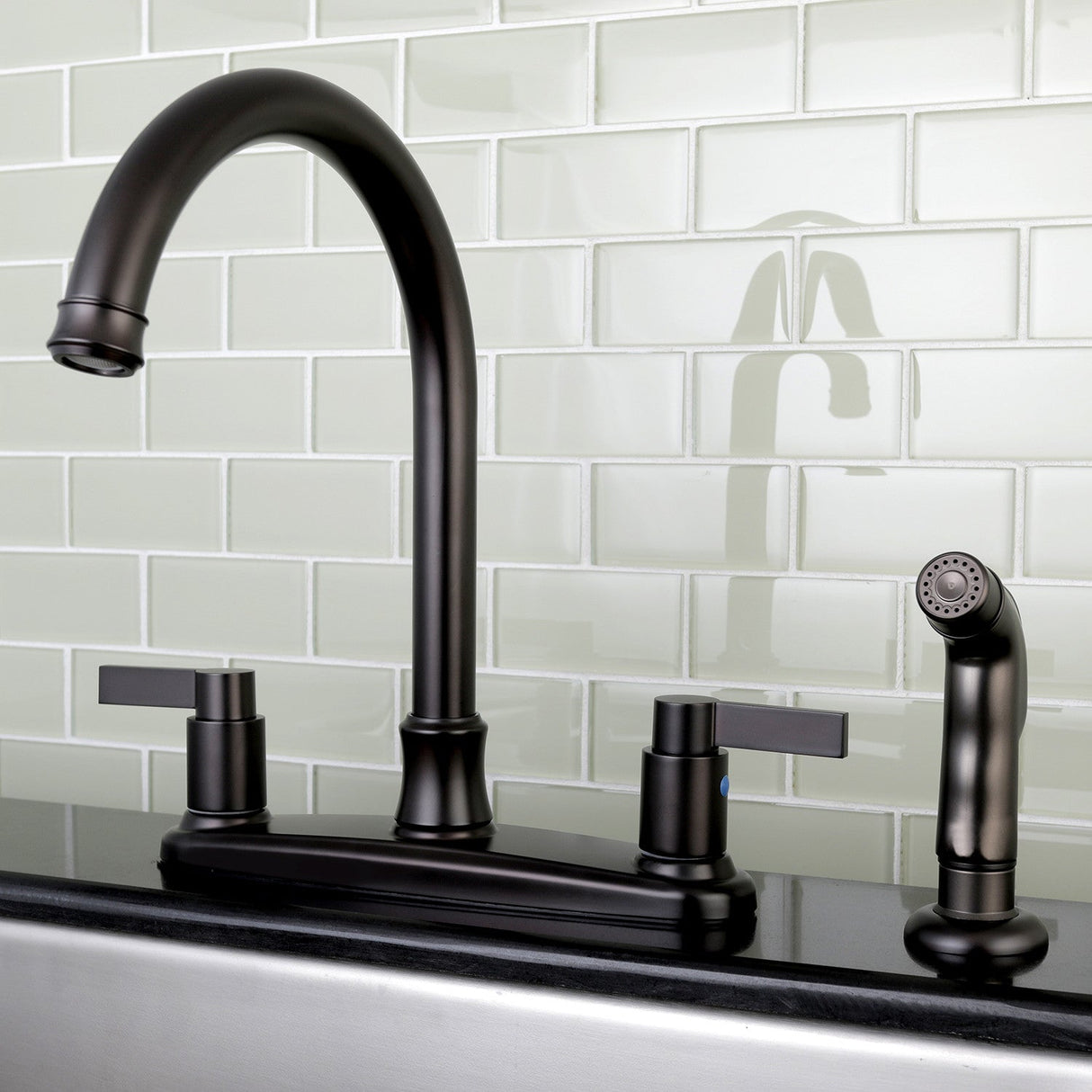 NuvoFusion FB7795NDLSP Two-Handle 4-Hole Deck Mount 8" Centerset Kitchen Faucet with Side Sprayer, Oil Rubbed Bronze