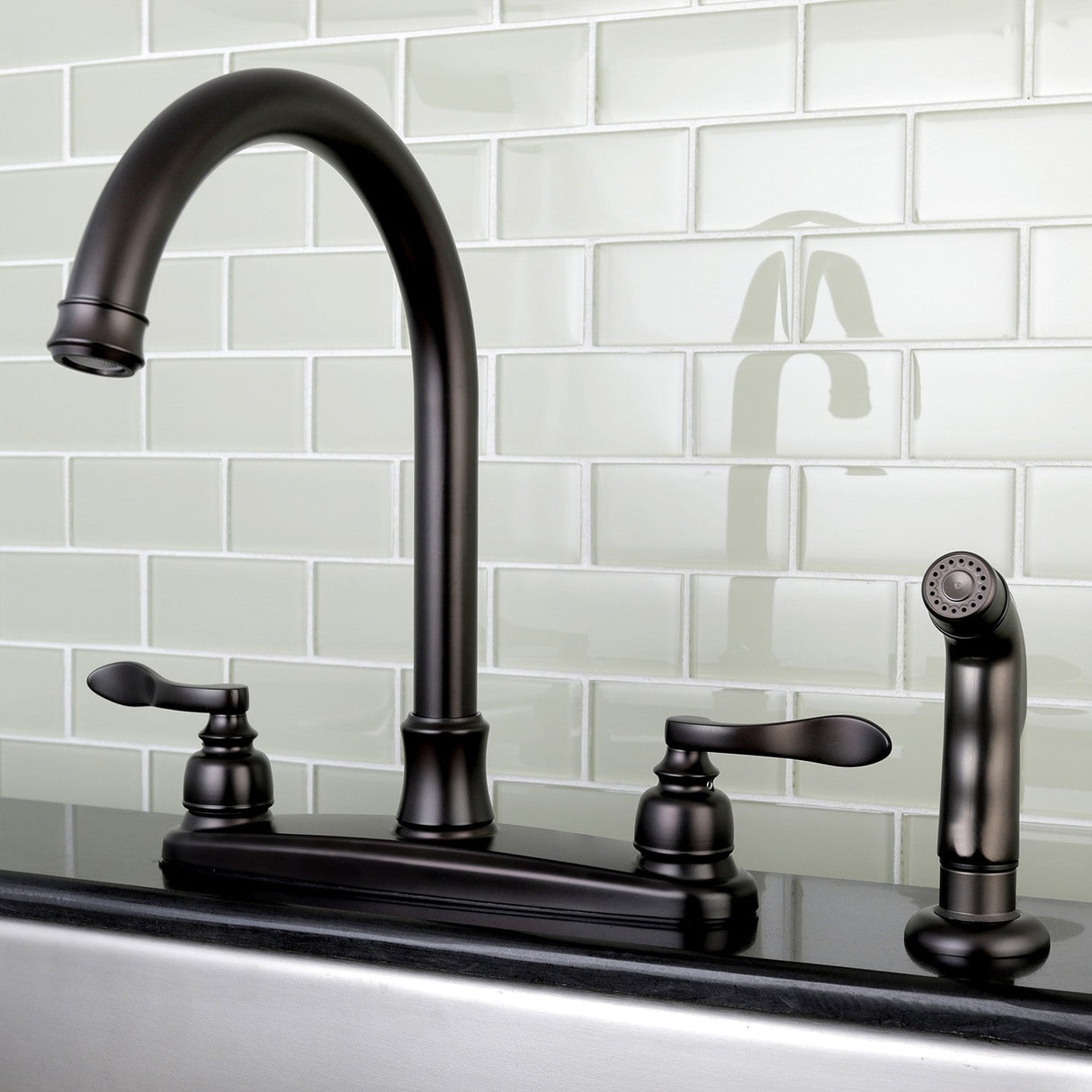 NuWave French FB7795NFLSP Two-Handle 4-Hole Deck Mount 8" Centerset Kitchen Faucet with Side Sprayer, Oil Rubbed Bronze