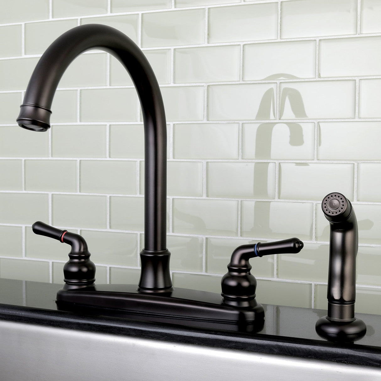 Naples FB7795NMLSP Two-Handle 4-Hole Deck Mount 8" Centerset Kitchen Faucet with Side Sprayer, Oil Rubbed Bronze