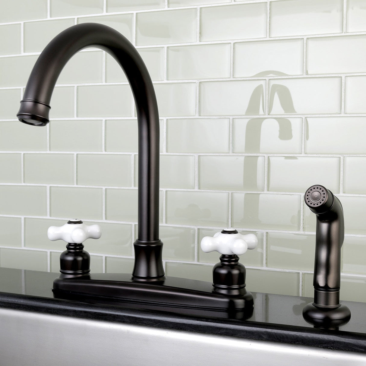 Victorian FB7795PXSP Two-Handle 4-Hole Deck Mount 8" Centerset Kitchen Faucet with Side Sprayer, Oil Rubbed Bronze