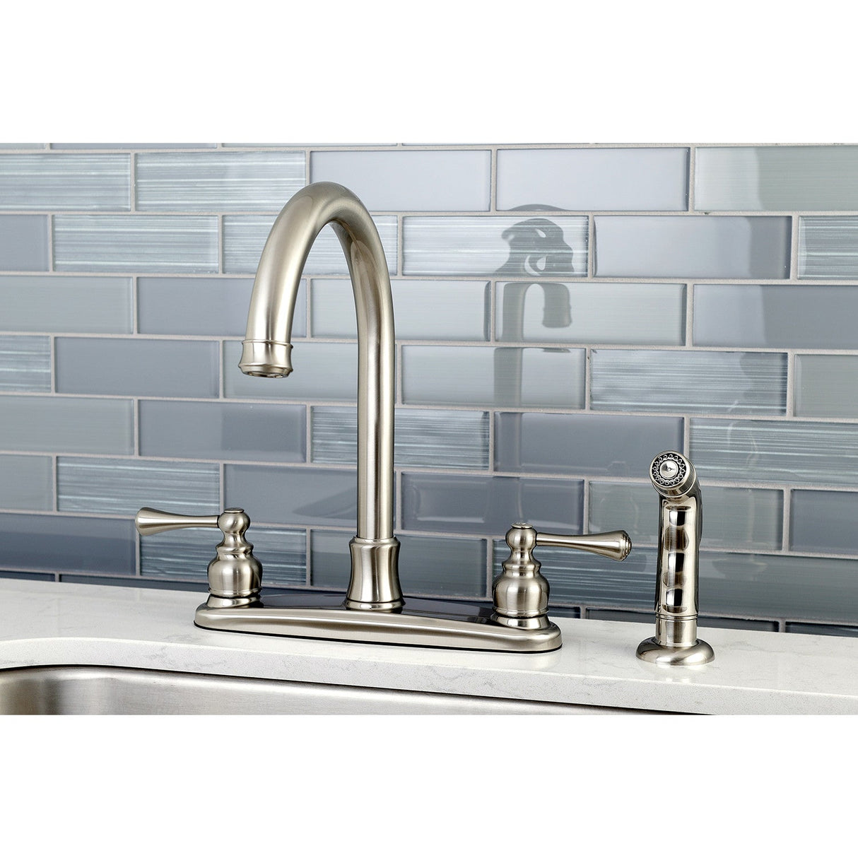 Vintage FB7798BLSP Two-Handle 4-Hole Deck Mount 8" Centerset Kitchen Faucet with Side Sprayer, Brushed Nickel